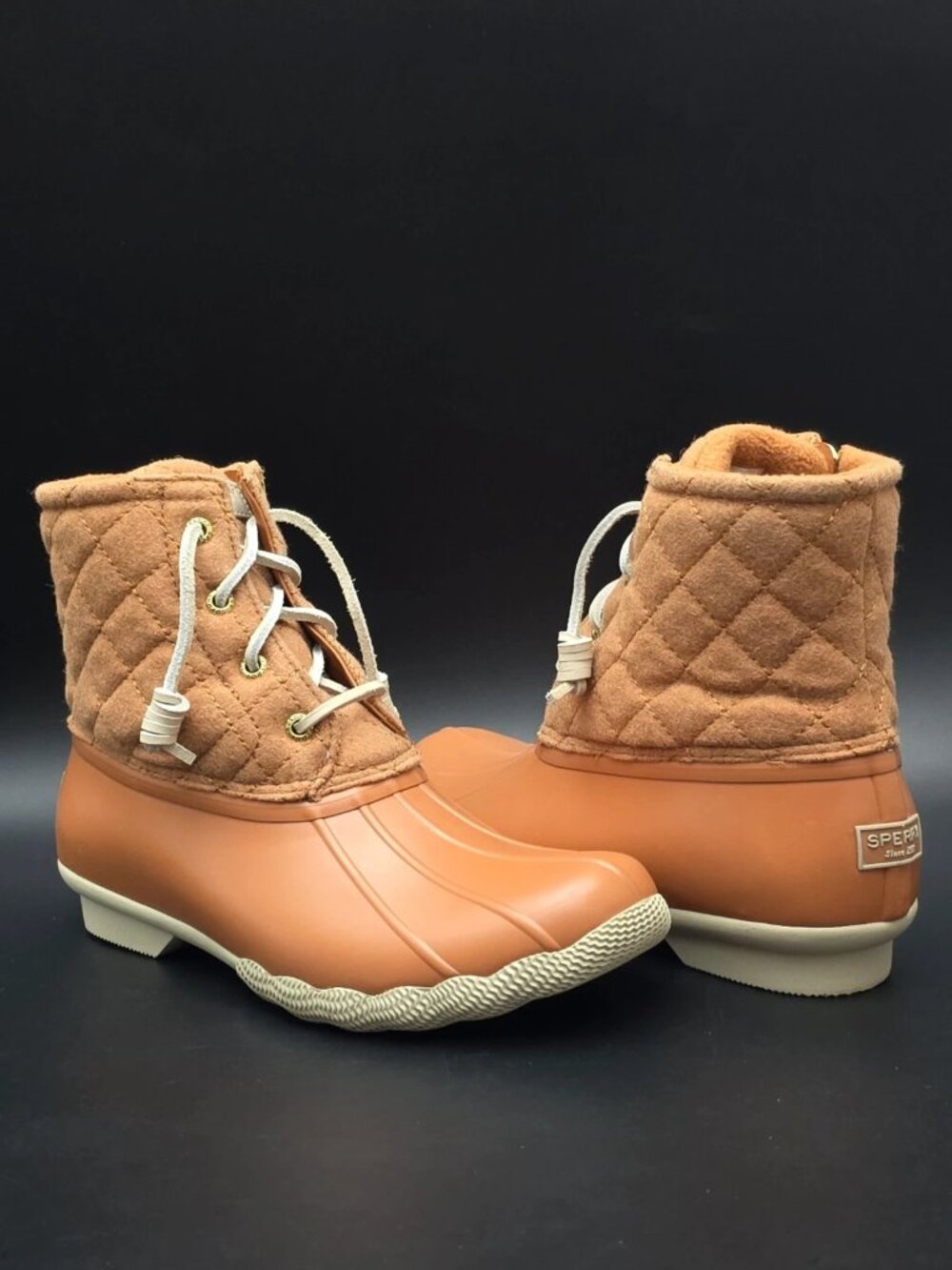 SPERRY Saltwater Quilted Duck Boots Wool Cashew Cognac Rain Boots Women's Size 8